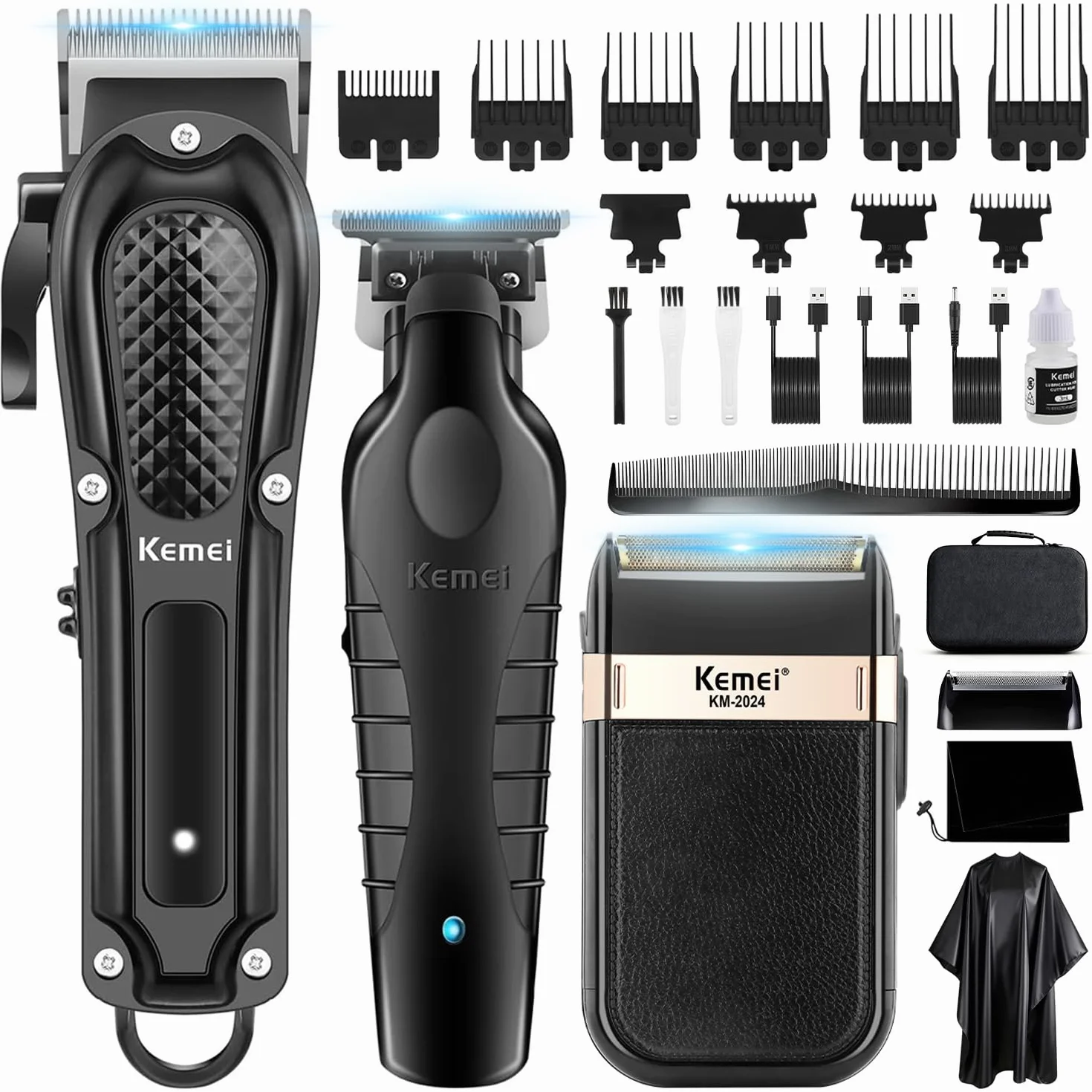 KEMEI Cortapelos profesional inalámbrico cortadora de barbero cuchilla en T set afeitadora lámina kit eléctrico 9 peines