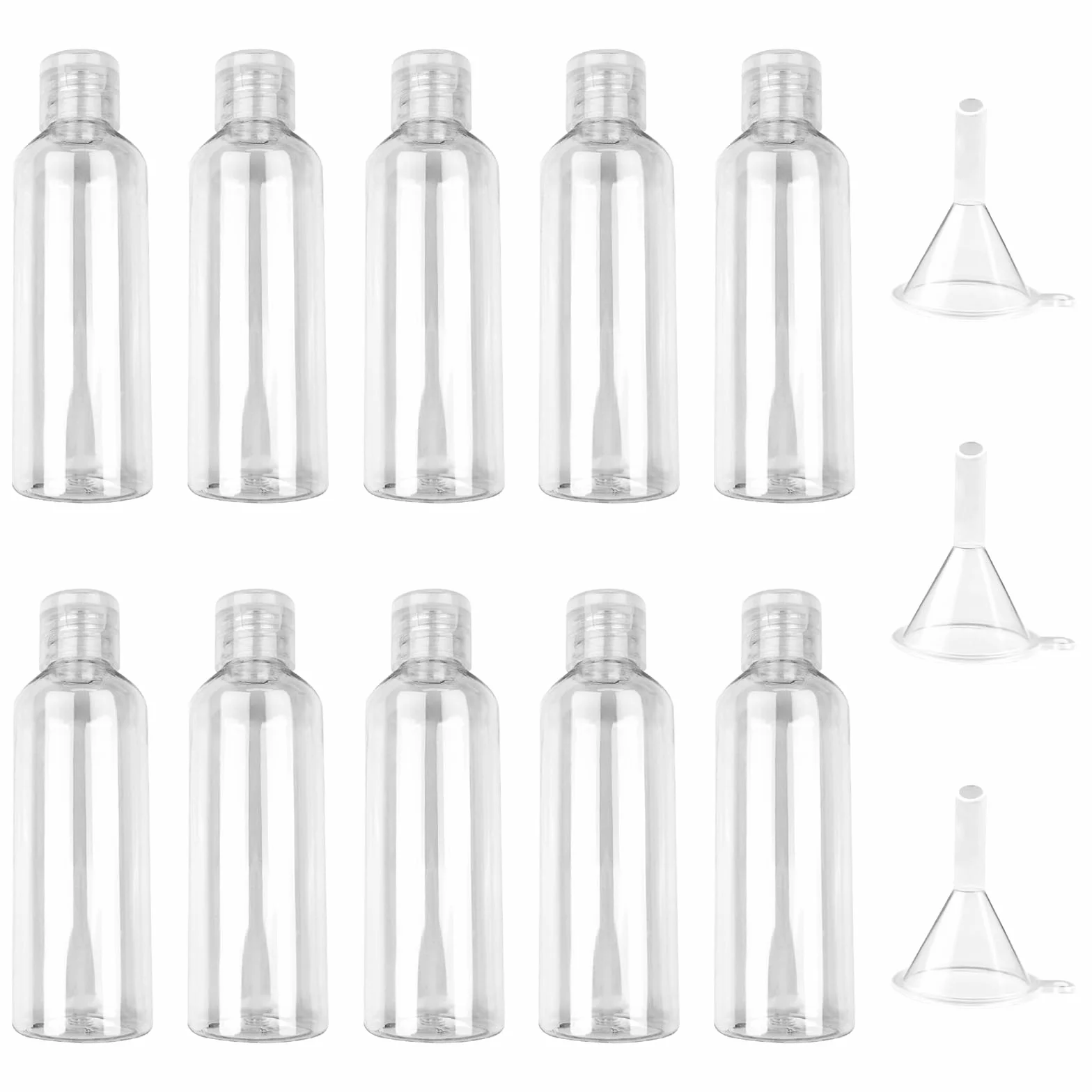 Botes Viaje Rellenables 100ml 10 Piezas, Botellas Avion Plastico con Embudos, Envases Transparentes para Gel Champu Locion
