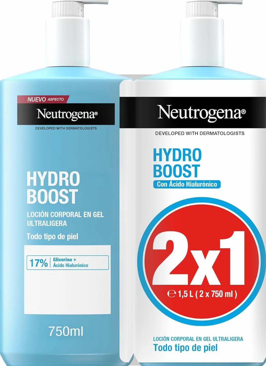 Neutrogena Hydro Boost Loción Corporal en Gel Ultraligera Pack de 2 x 750 ml, Crema Hidratante con Glicerina y Ácido Hialurónico