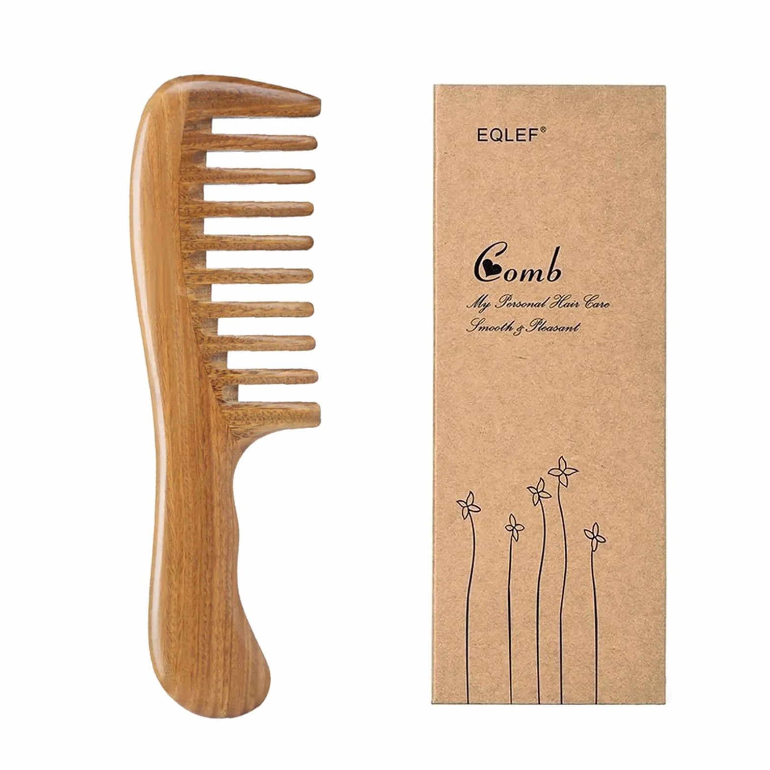 Peigne en Bois de Santal Vert Anti-Statique à Dents Larges 18,5cm
