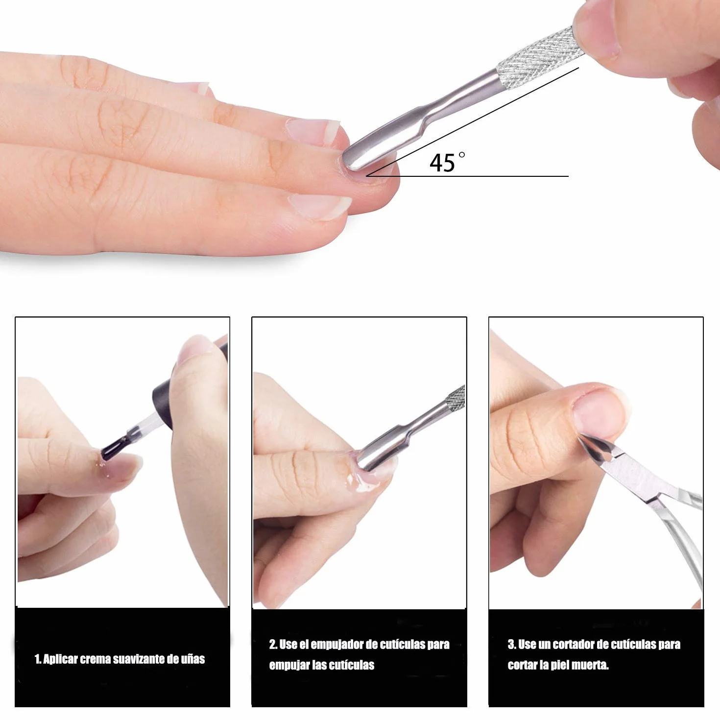 Cortador de Cutículas Profesional de Acero Inoxidable, Alicate y Empujador