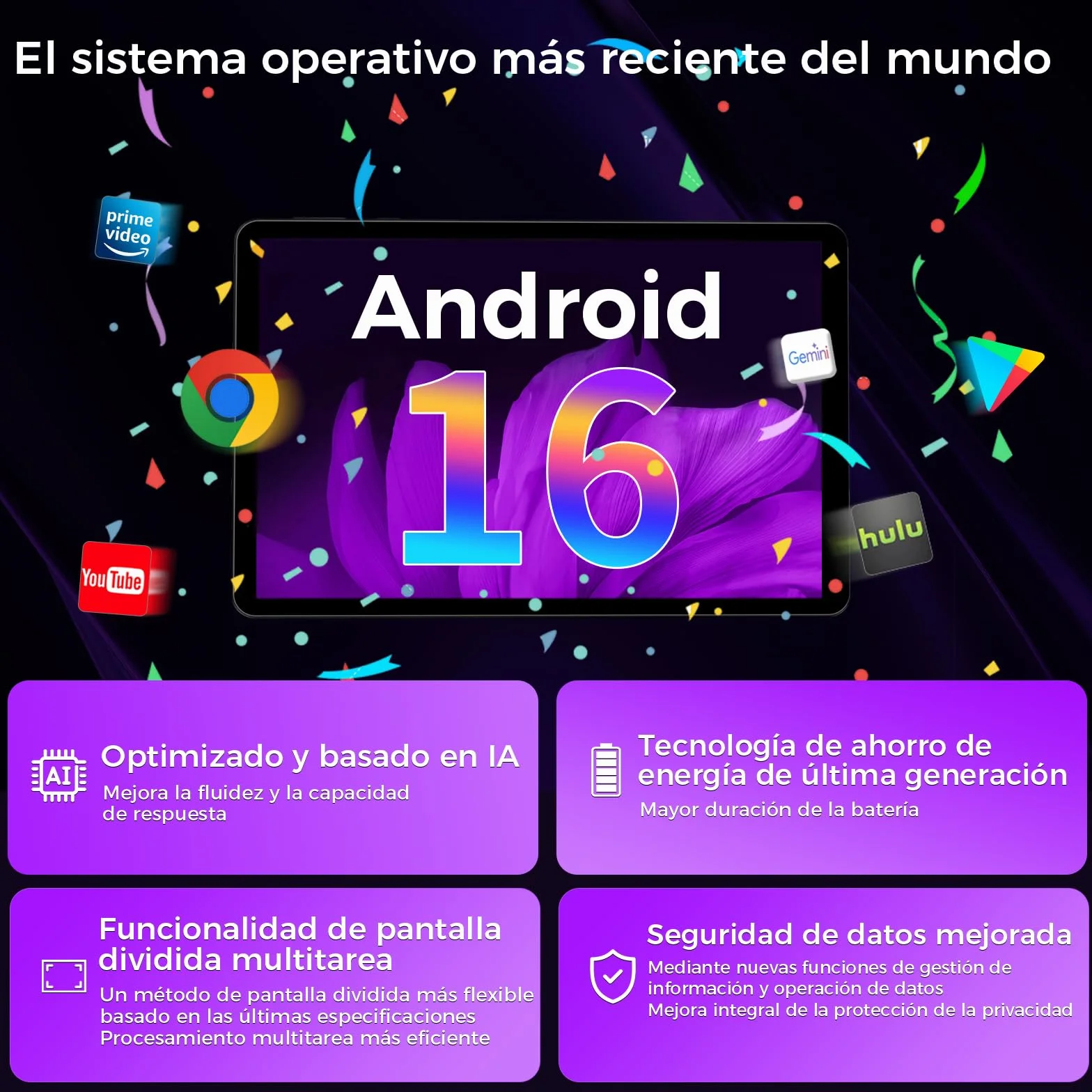 Tableta 10 Pulgadas Android 16, 16GB RAM 64GB ROM, Gemini Ai, 5G Wi-Fi6, BT5.2