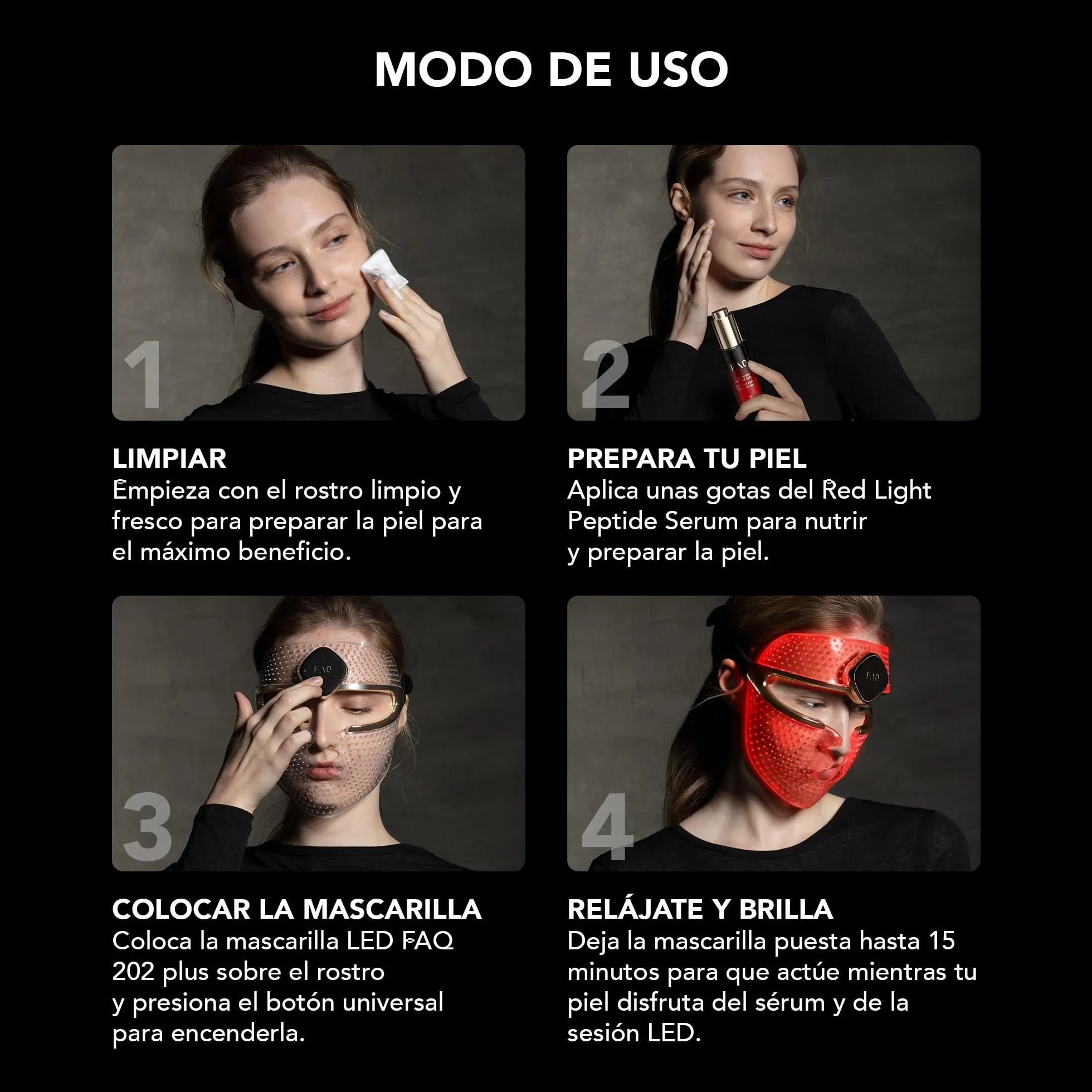FAQ 202 Plus Mascara LED Facial Antiedad Avanzada de 8 Colores – Luz Roja e Infrarroja Cercana – Máscara Inalámbrica con 634 Puntos de Luz para Luminosidad, Firmeza y Cuidado Facial Completo