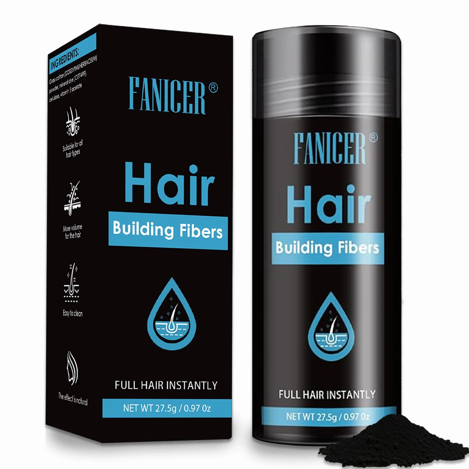 Polvos Relleno Capilar Instantáneo, Fibras Capilares, Spray en Polvo para Cubrir Pérdida de Cabello, Negro