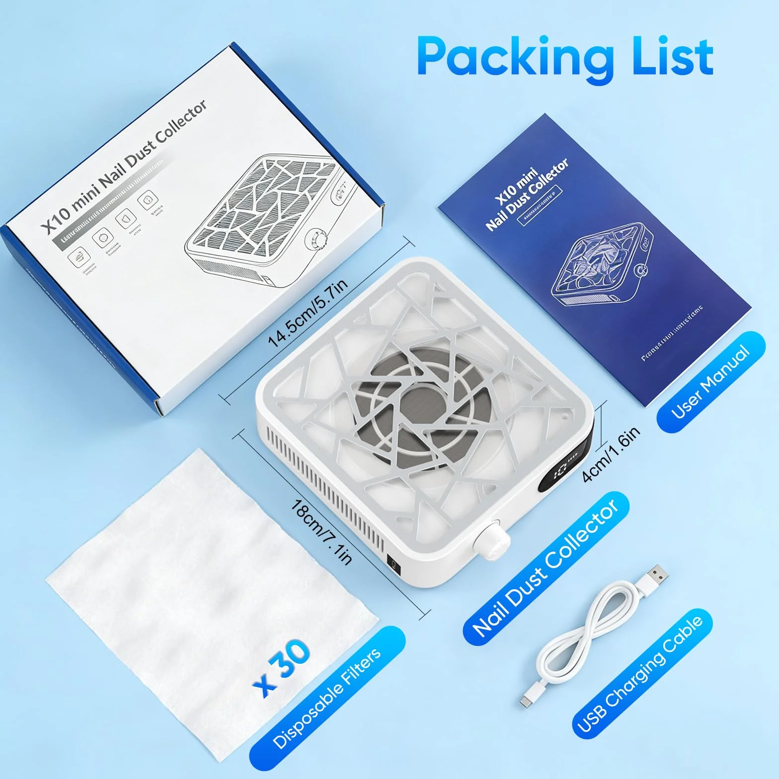 Aspirador de polvo para uñas, 6000 RPM, compacto aspirador de uñas profesional con filtro, herramientas y accesorios, potente aspirador de uñas para manicura pedicura, salón de uñas personal (blanco)