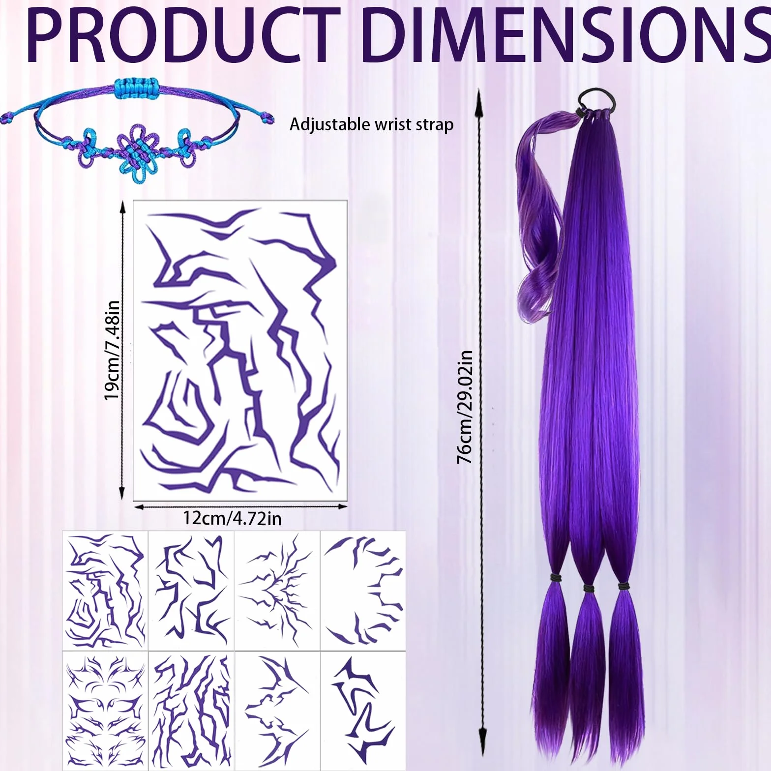 Peluca larga morada cosplay niños juego 10 piezas pulsera trenzada tatuajes carnaval