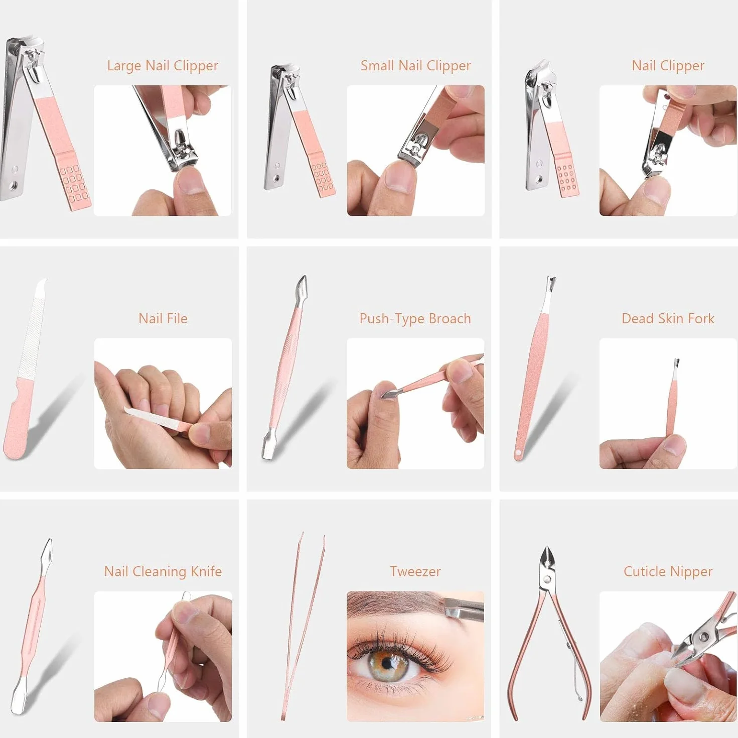 Set de Manicura y Pedicura 18 Piezas, Cortaúñas Acero Inoxidable con Caja de Cuero, Oro Rosa