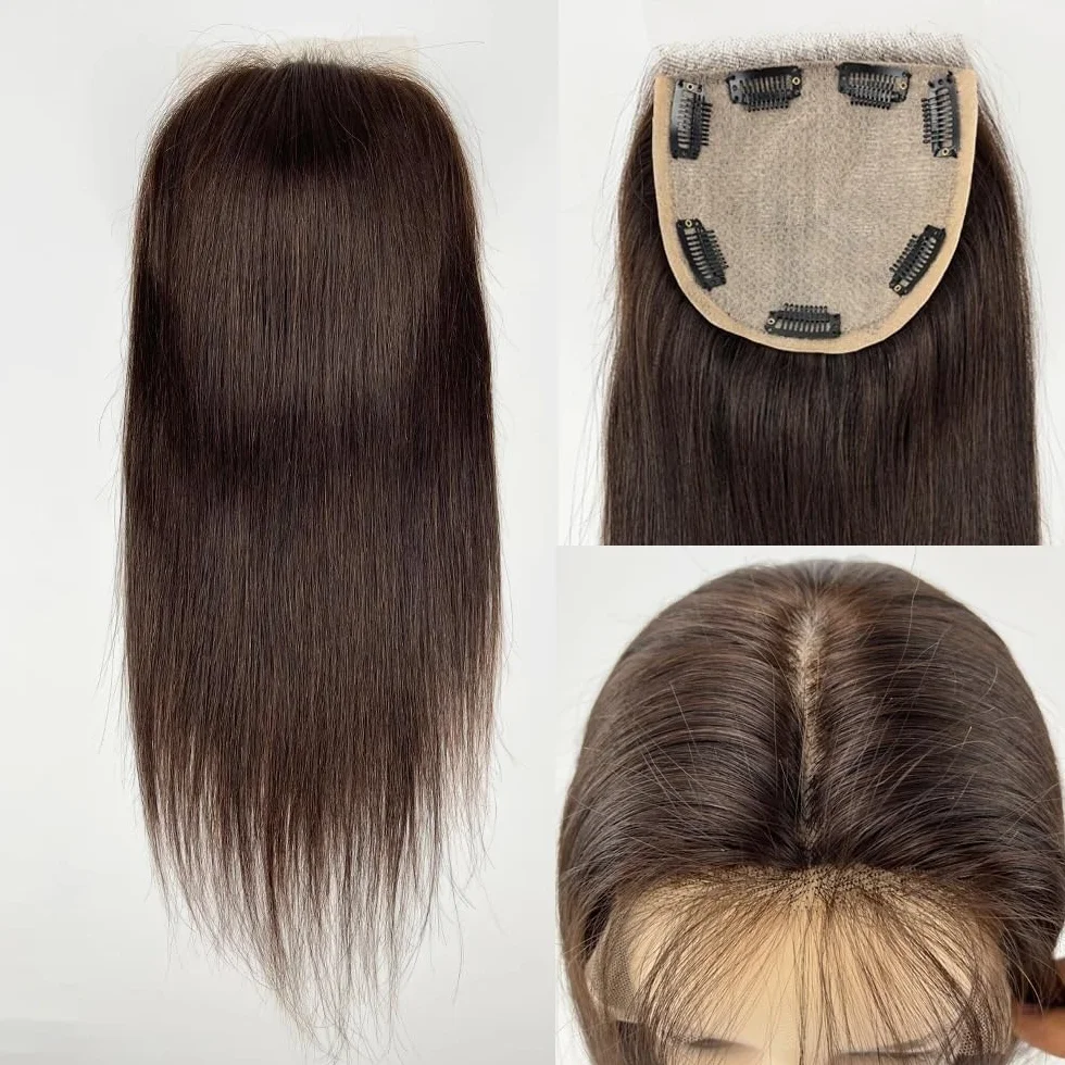 Postizos de cabello humano for mujer, base de encaje suizo de 5 x 5 pulgadas, densidad media, cobertura total, fijación con clips for Thinning Hair(Dark Brown,22inch)
