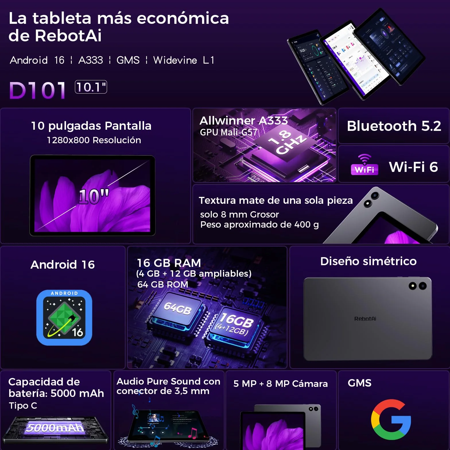 Tableta 10 Pulgadas Android 16, 16GB RAM 64GB ROM, Gemini Ai, 5G Wi-Fi6, BT5.2