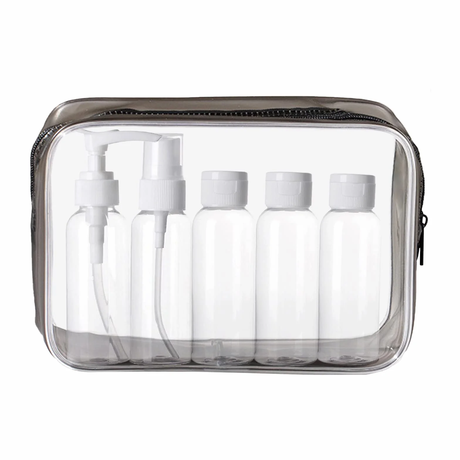 KEYRI 5 Piezas Botes Viaje Rellenables 100ml Kit Avion Prueba de Fugas Botellas con Neceser Transparente Negro