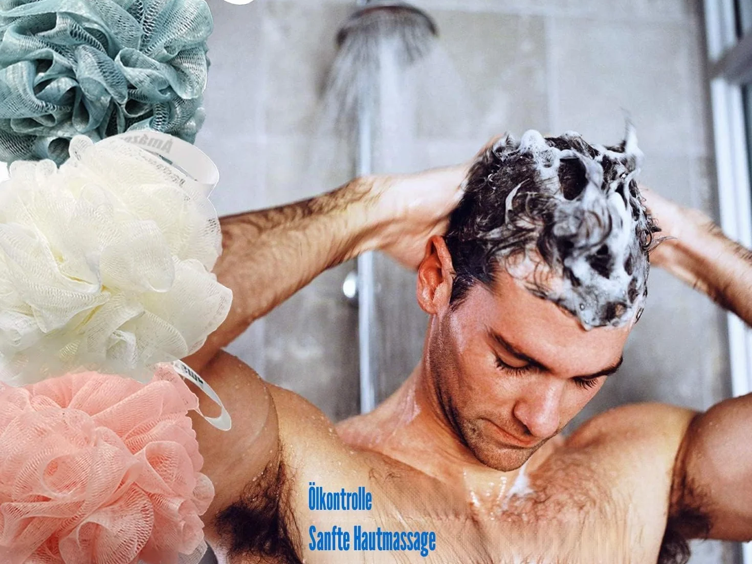 Amazerbst Loofah Sponge for Shower Set of 3 Pink Yellow Blue