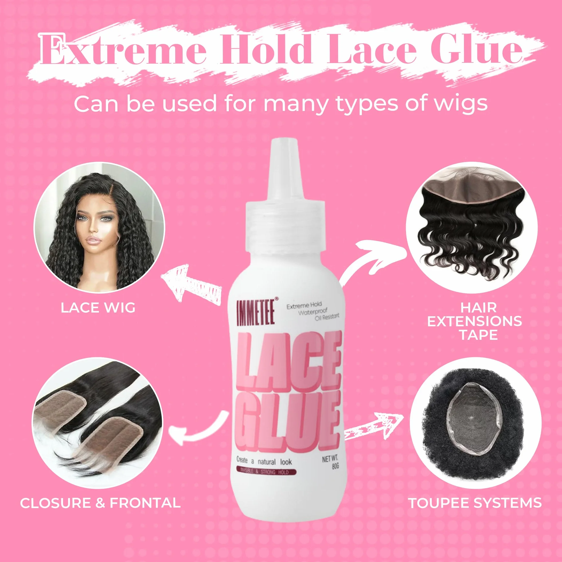 immetee Pegamento Para Peluca Lace Glue Resistente al Agua Invisible 80g