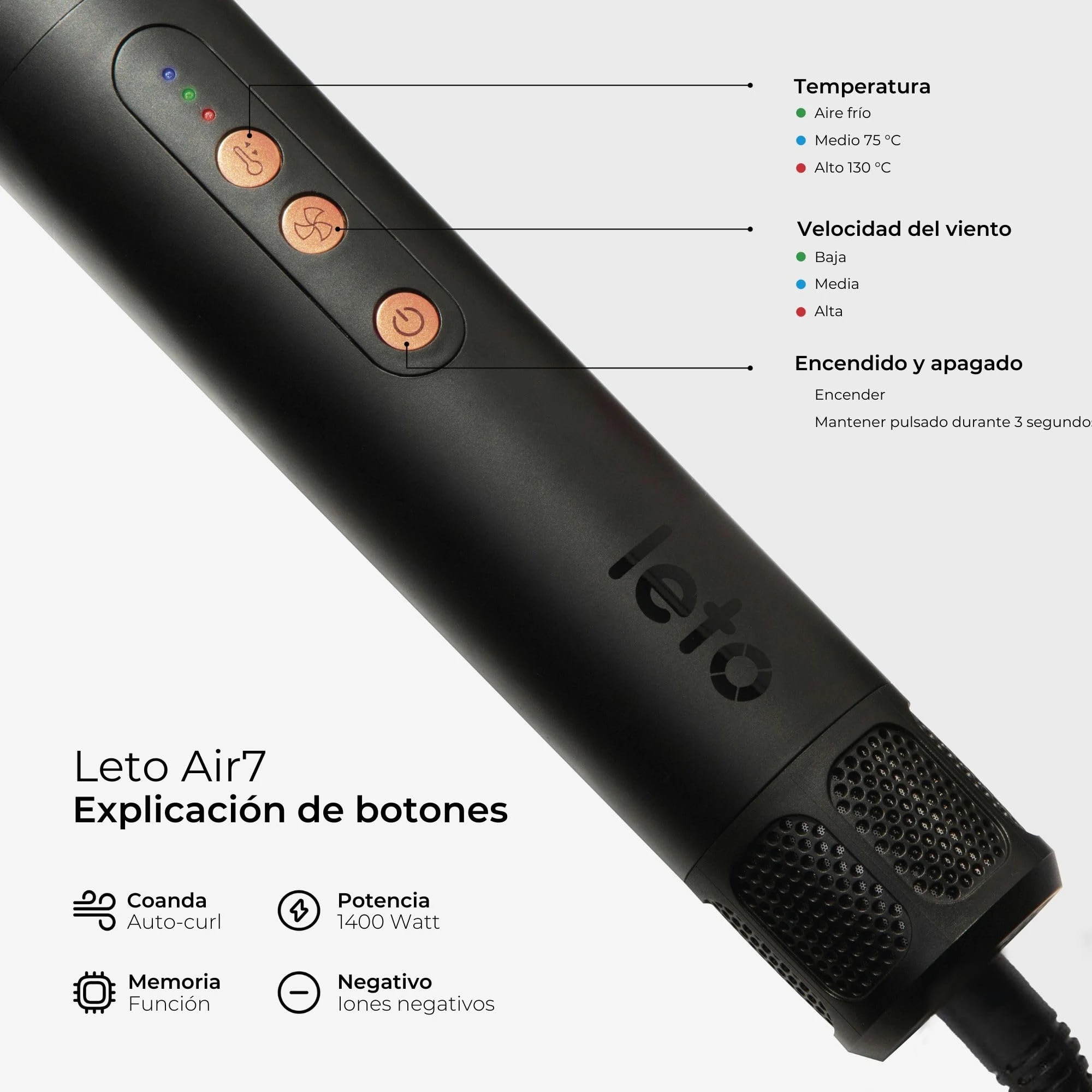 Leto 7en1 Cepillo de aire caliente y secador – cepillo redondo, rizador, ondulador, alisador, difusor, concentrador, Coanda, iones, 1400W BLDC