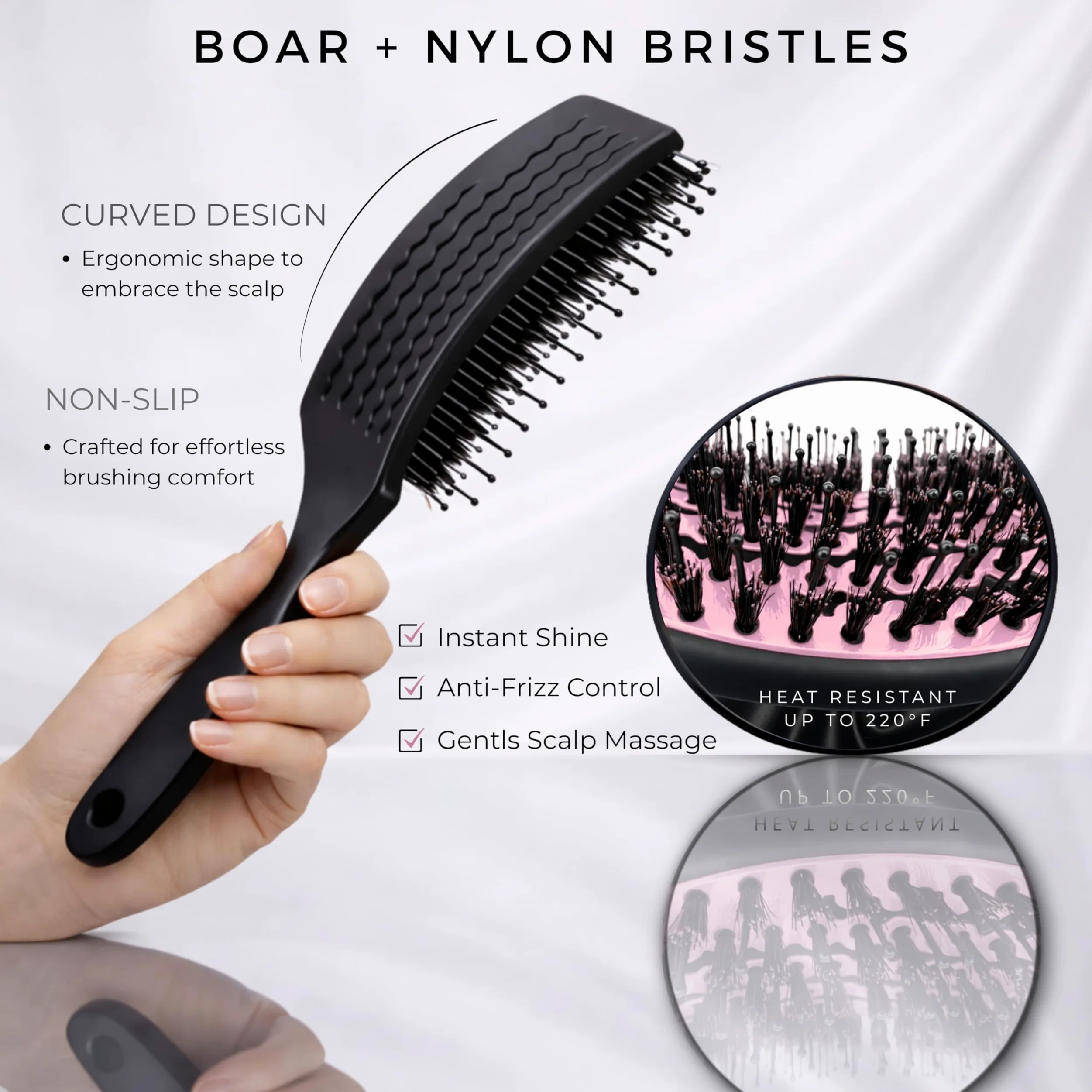 Cepillo de cerdas de jabalí curvado ventilado para secado con secador (grande) con mango cómodo, cepillo de cerdas suaves para cabello grueso y fino, cerdas naturales de jabalí para mujeres,
