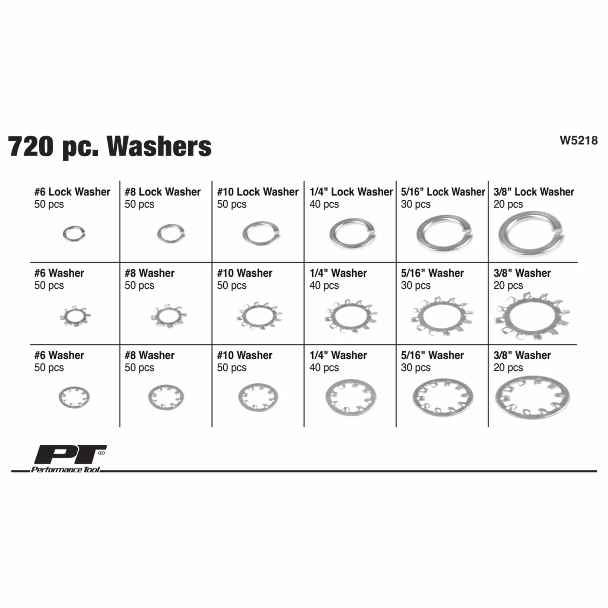 Performance Tool W5218 - Surtido de arandelas de 720 piezas