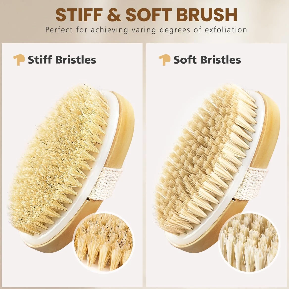 POPCHOSE Cepillo corporal de cepillado en seco, cepillo exfoliante de cerdas naturales para piel seca, exfoliante corporal para piel impecable, tratamiento de celulitis, drenaje linfático y mejora de