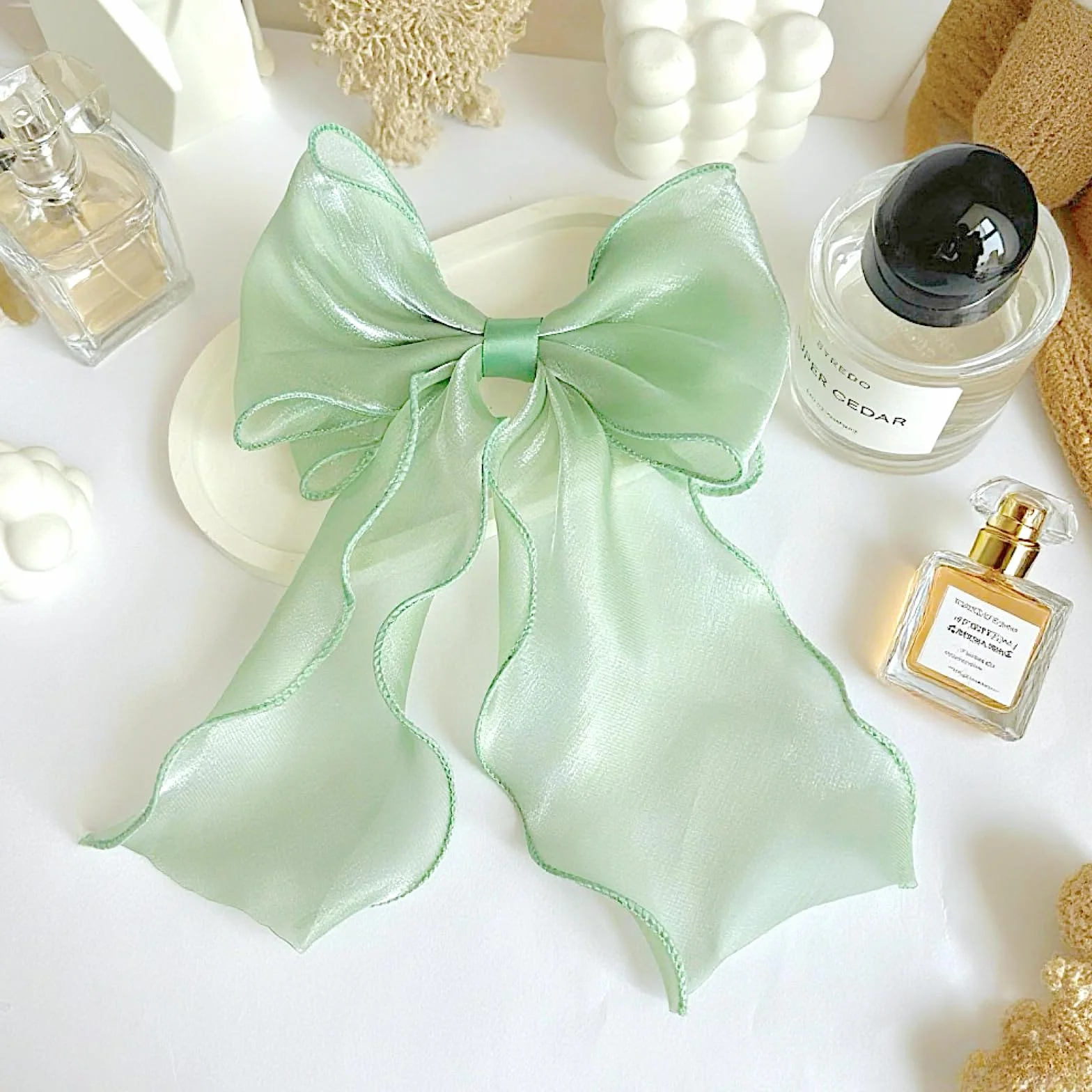 Pinza de pelo sedosa con gran lazo para mujer, clip francés para cabello (Verde-1)
