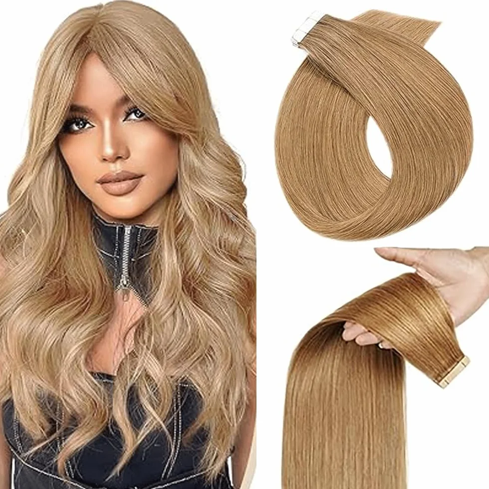 Extensiones adhesivas de pelo humano recto invisible, #27, rubio miel, 24 pulgadas, 10 piezas/40 g, extensiones de pelo humano para mujer, mínimo, smell low Shedding