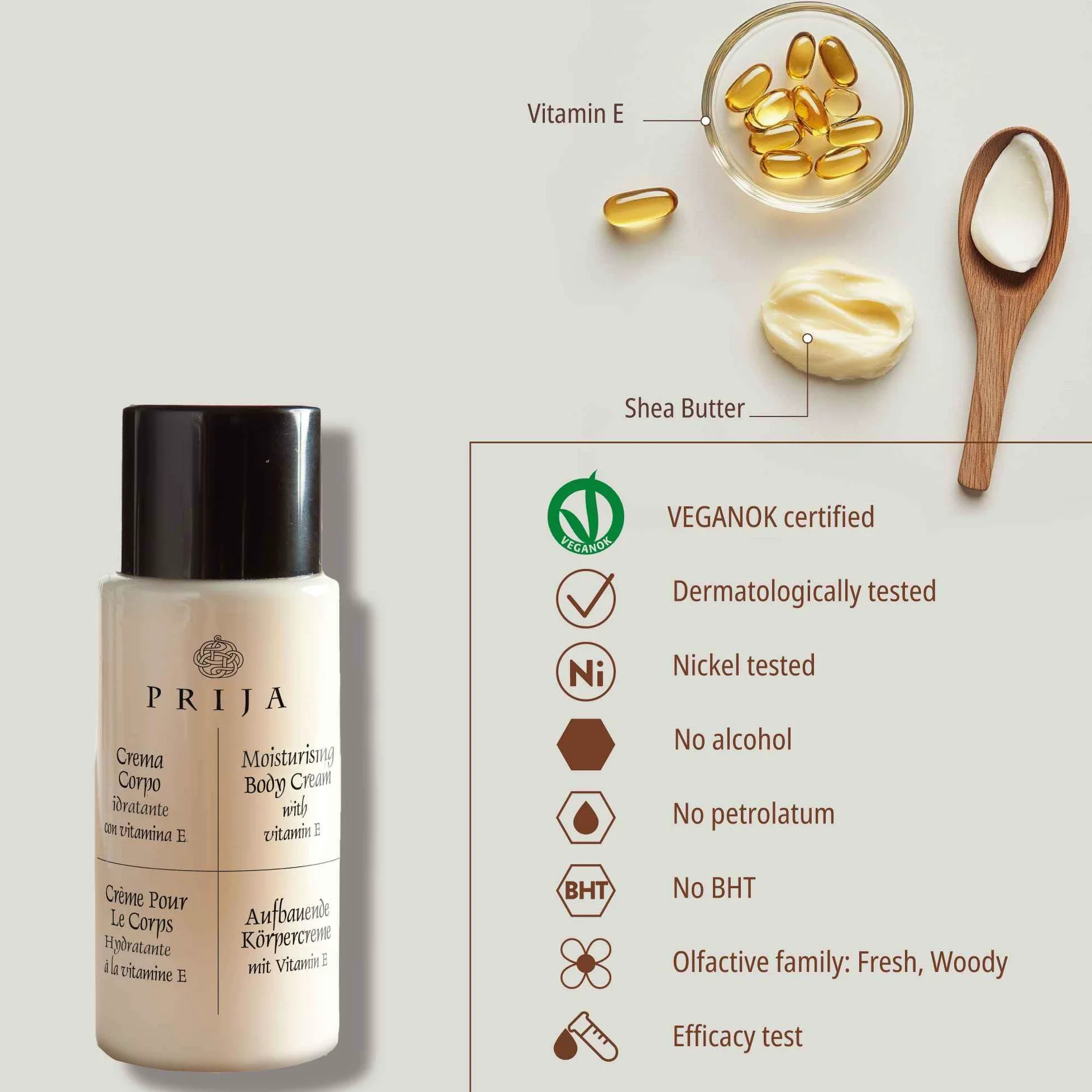 Prija Loción corporal, crema corporal con vitamina E para manos y cuerpo, 40 ml, loción hidratante en frasco de Italia, Hoteles Spa Wellness, AIRBNB, apartamentos (100 unidades)