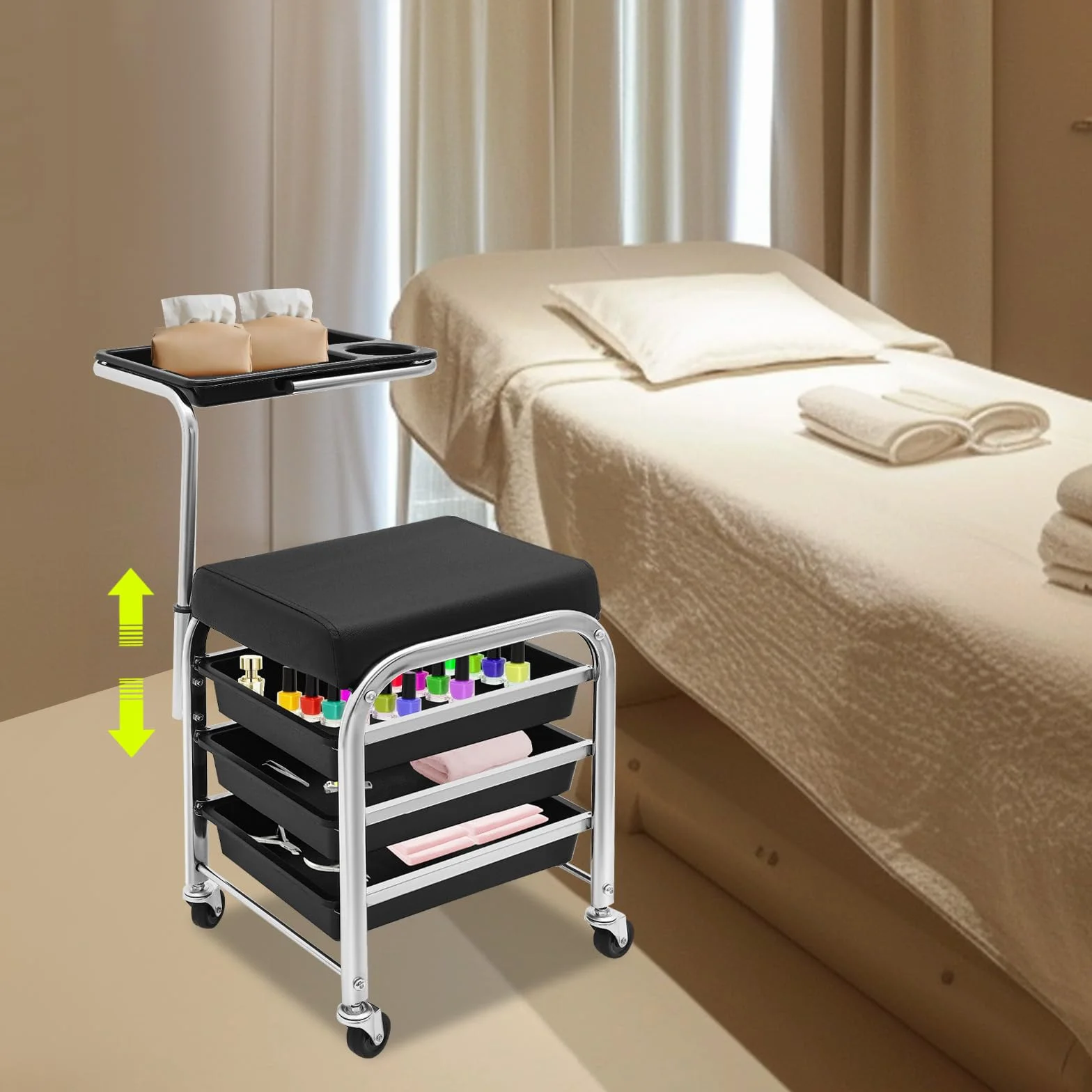 Carrito de peluquería 3 niveles altura ajustable 53-77 cm 4 ruedas negro