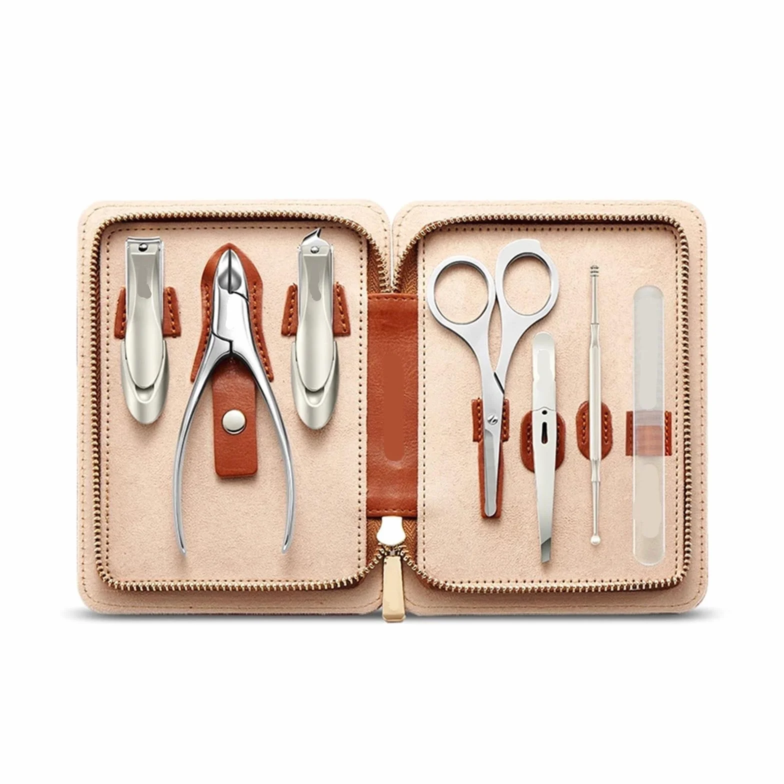 Set de manicura con estuche cuero 7 en 1, kit herramientas profesionales for el cuidado los pies y la cara, cortaúñas acero inoxidable(Mr-6666BR)