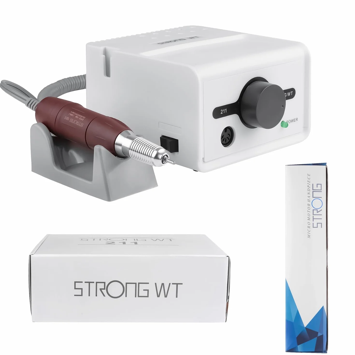 65W Strong Max 211 - Taladros eléctricos de lima de uñas para uñas acrílicas, 35000 rpm, 120 herramientas de manicura rojas, equipo de laboratorio