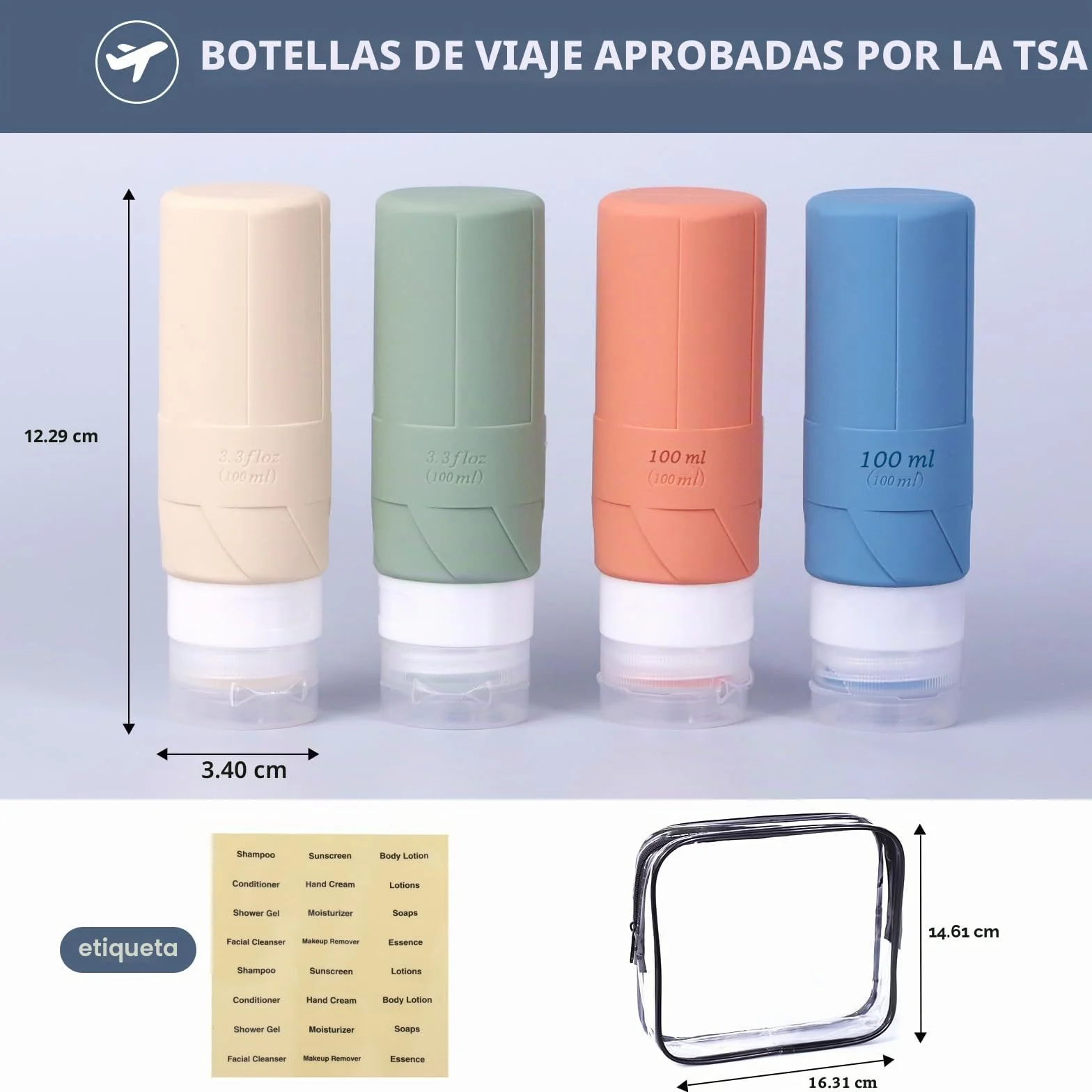 FDADVAN Botella de Viaje de Silicona 100ml 4 Unidades Kit de Viaje para Champú Gel de Ducha Morandi