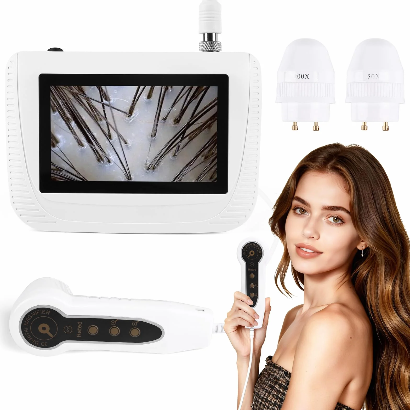 Analizador de pelo de piel, microscopio digital LCD de 5 pulgadas, escáner detector de cuero cabelludo, 50X 200X, portátil, recargable, aceite de folículo piloso, detector de aumento de humedad