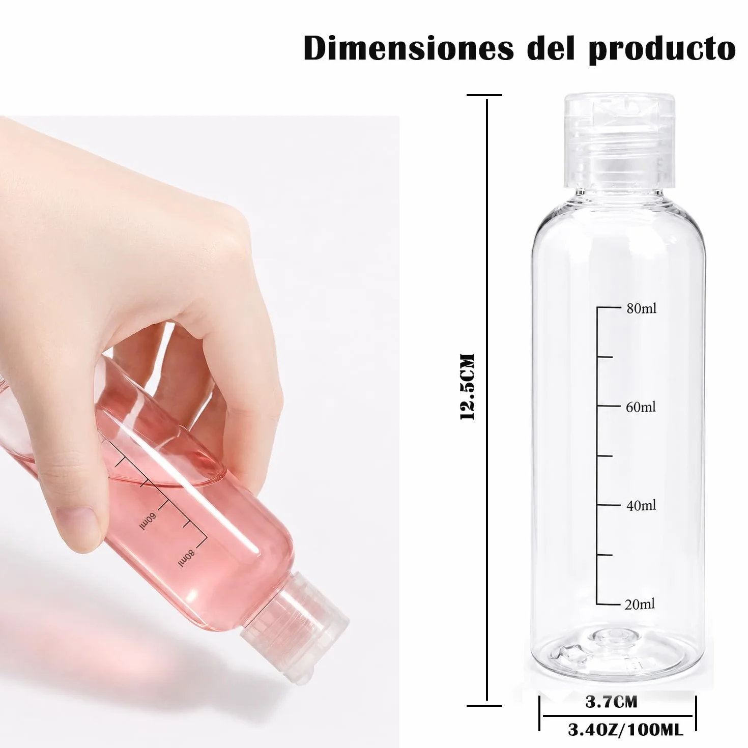 Botes Viaje Rellenables 100ml 5 PACK, Botellas de Viaje Avion Plastico, Botellas Transparentes para Gel Champú Loción