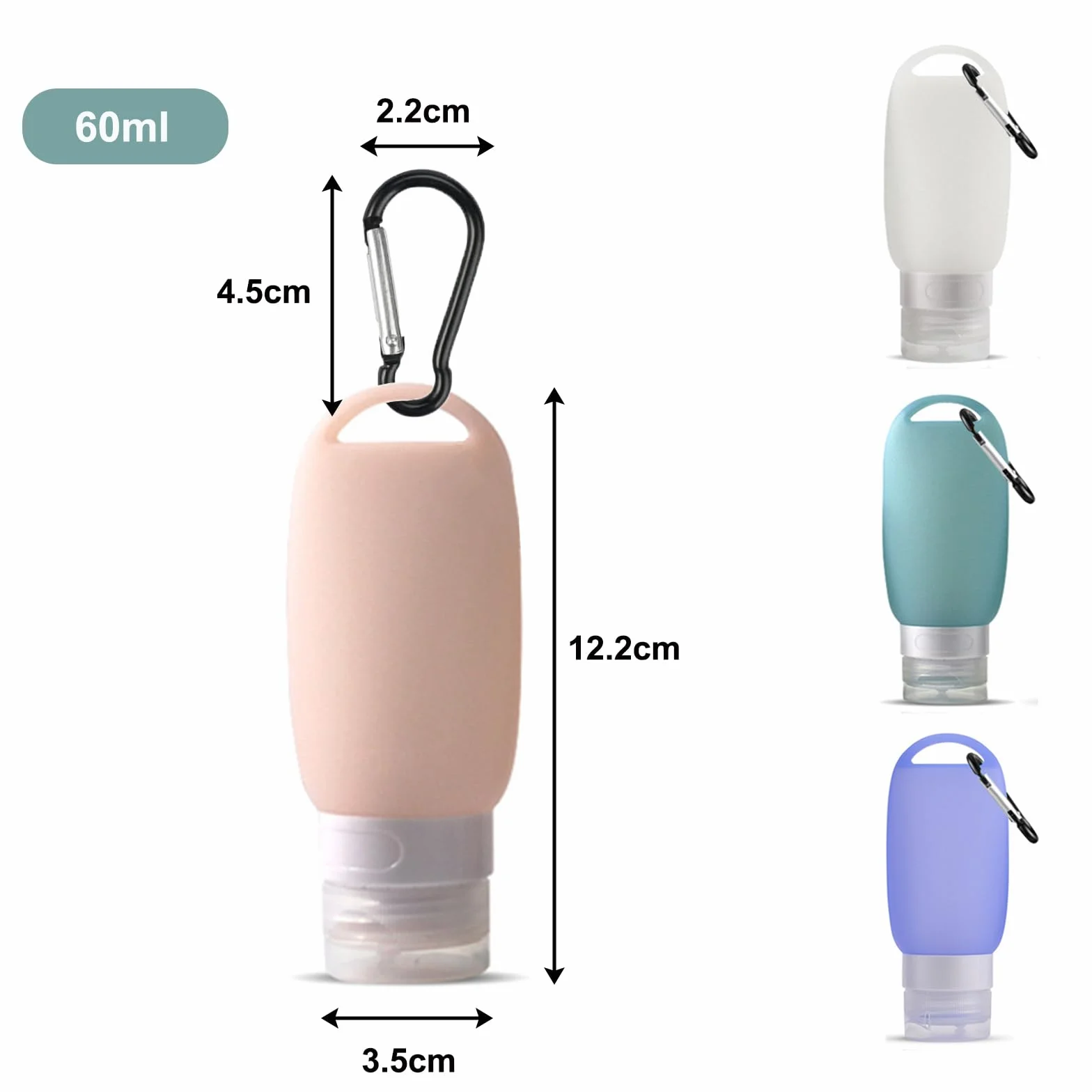 Botellas de Viaje de Silicona 60 ml Recargables TSA Aprobado con Mosquetón para Gel Champú Loción 4 Piezas