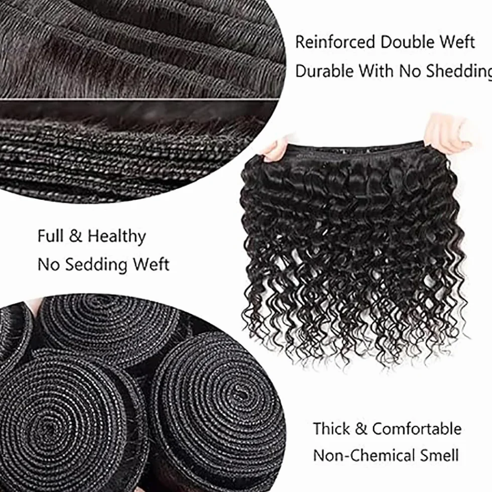Extensiones de cabello humano de onda profunda, mechones de pelo humano sin procesar, Remy real, tejido humano, 3 extensiones, doble trama natural, negro para mujer 30, 30, 30, 30 pulgadas