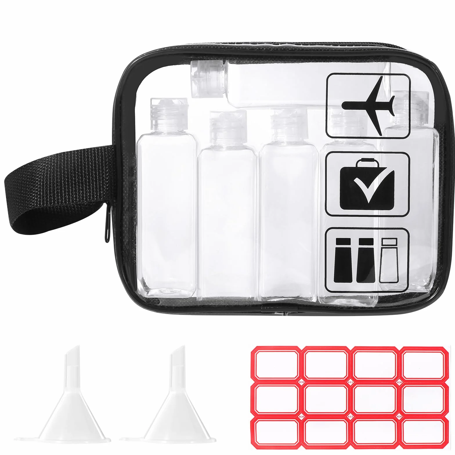 Diboniur Neceser de Viaje 6 Botellas 100 ml Bolsa Vuelo 2 Embudos Kit Champú Crema Loción Aprobado TSA