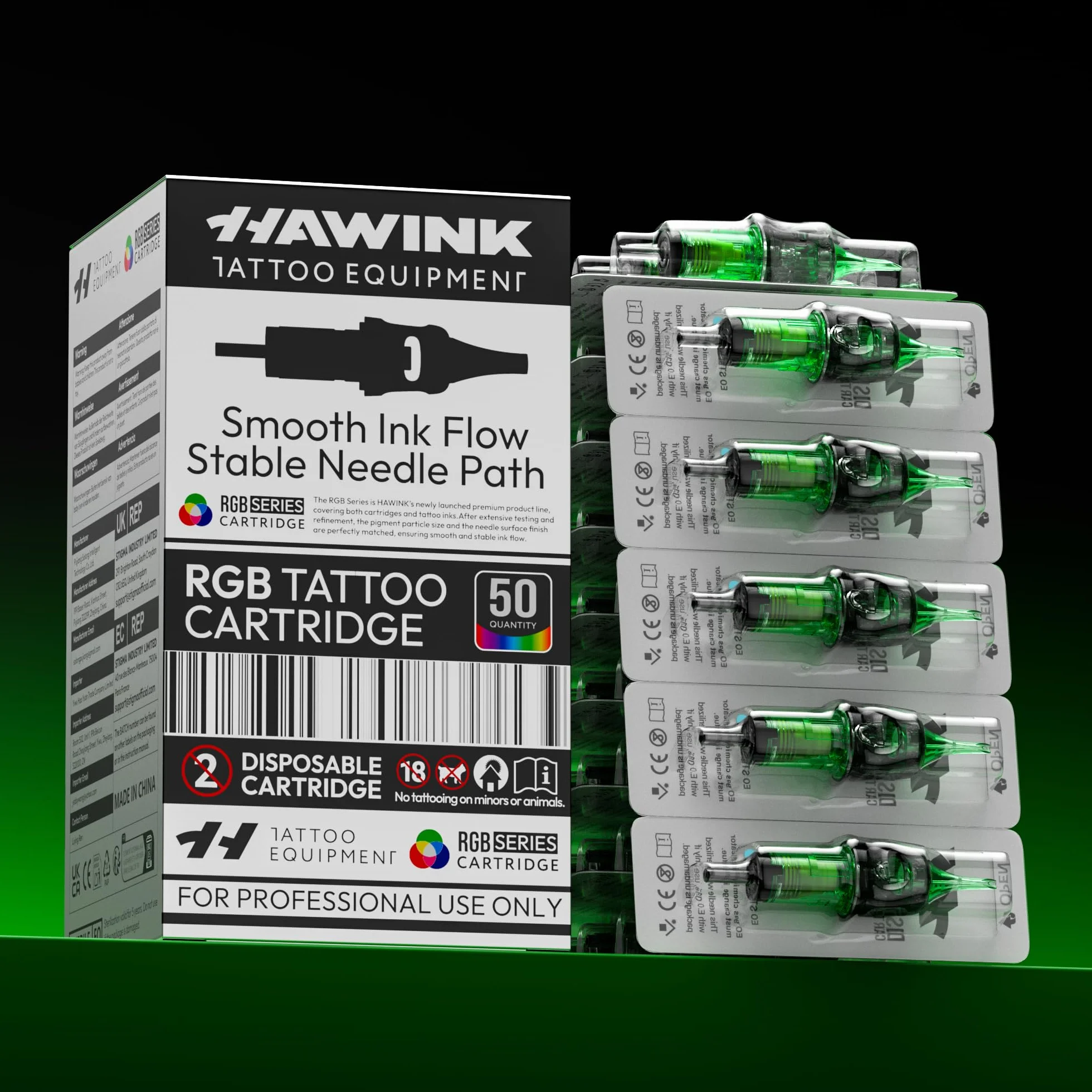 HAWINK Agujas Tatuaje Kit 50 uds. Tattoo Cartuchos Desechables #10 Bugpin Round Liner 3RL 5RL 7RL 9RL 11RL D. 0,30 mm Profesionales Tattoo Supplies para Principiantes y Artistas EN20-FG-50KIT-R