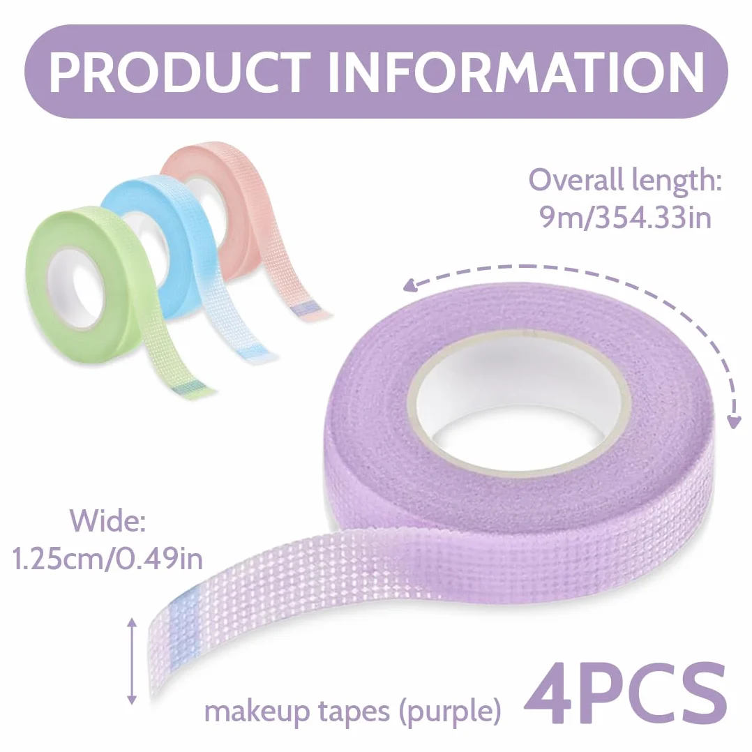 Cinta cosmética de tela transpirable 1,25cm x 9m 4 Piezas (Rosa+Morado+Azul+Verde)