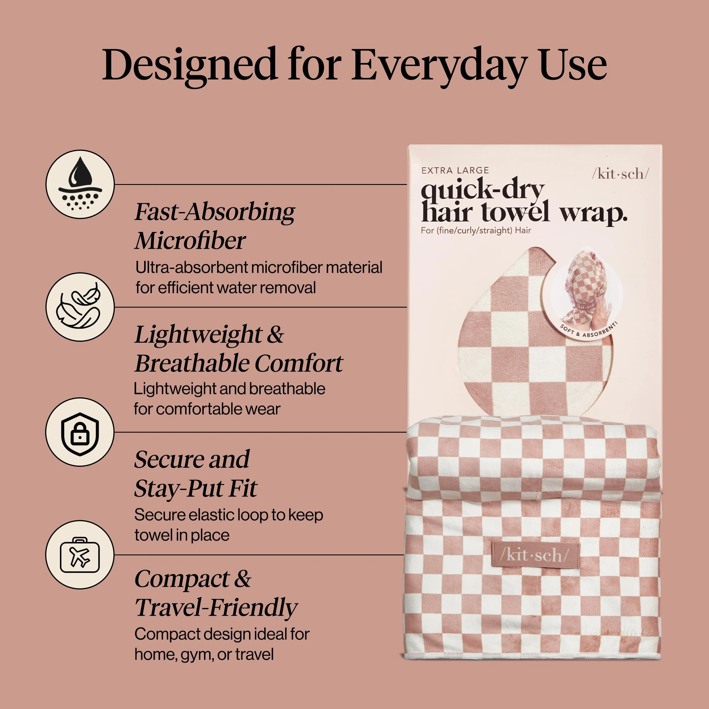 Kitsch Toalla de microfibra XL supers absorbente secado rápido antiencrespamiento turbante cabello húmedo
