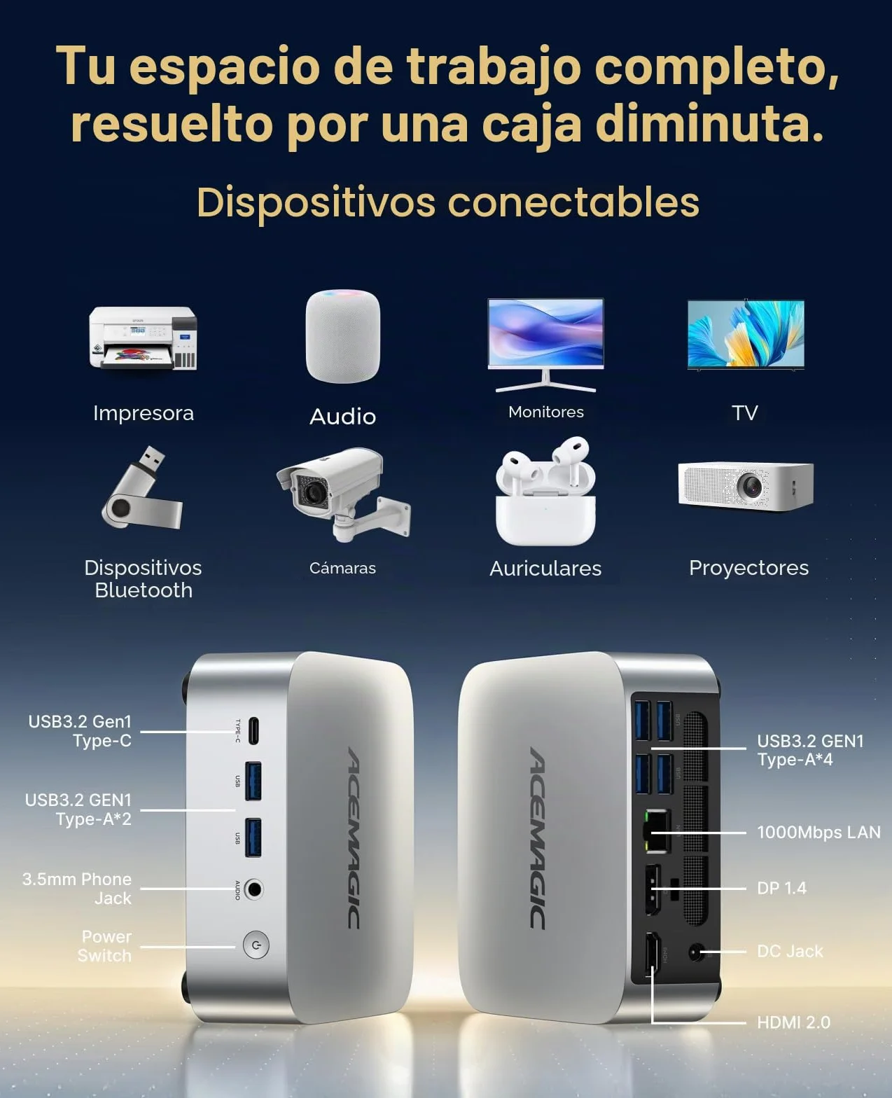 ACEMAGICIAN K1 Mini PC AMD Ryzen R2544 8GB DDR4 256GB SSD Radeon Graphics Windows 11 Pro 4K Triple Display WiFi 5 BT 4.2