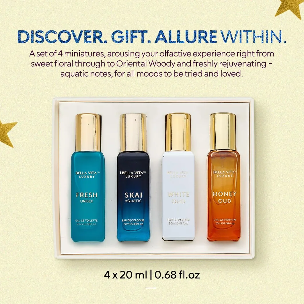Bellavita Luxury Unisex Cologne Gift Set 4x20ml Travel Size Mini Perfumes Spicy Vanilla Perfume Oil