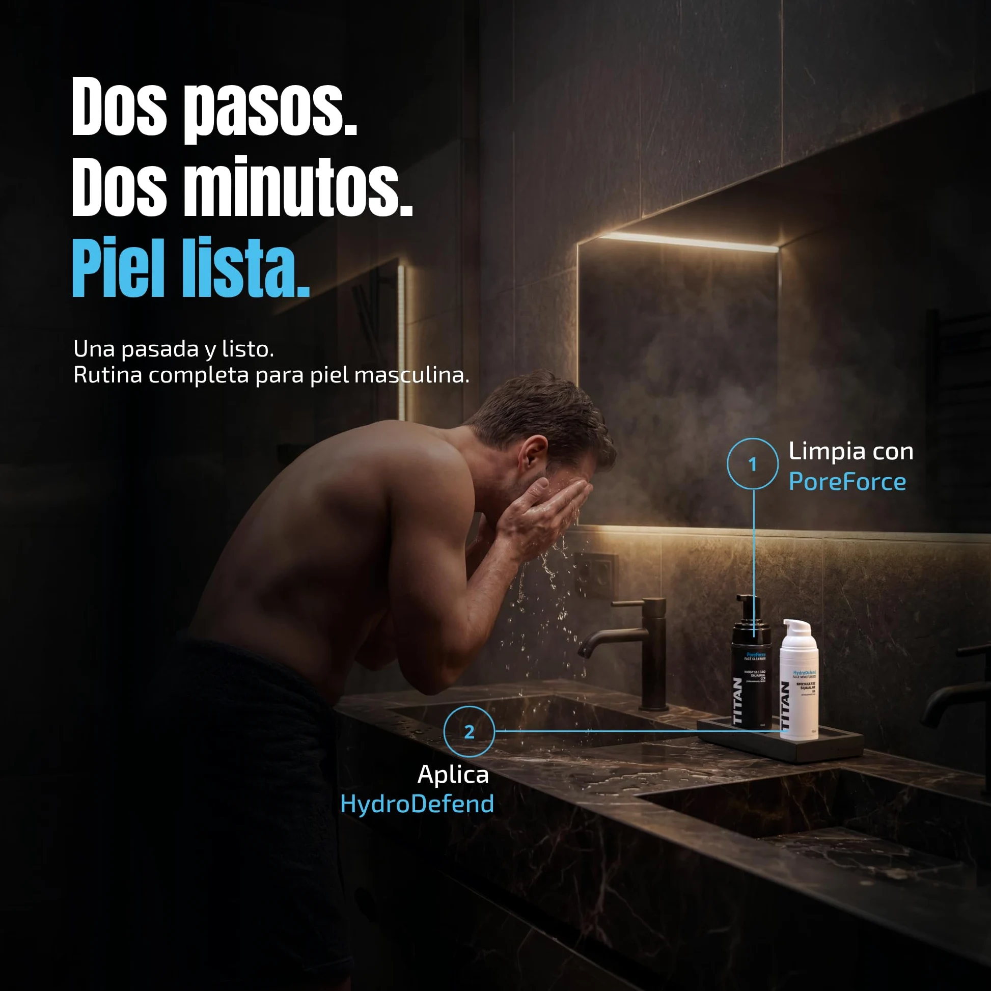 Titan Kit Cuidado Facial Hombre – Espuma Limpiadora PoreForce con Carbón Activo 150ml + Crema HydroDefend con Niacinamida y Péptidos 50ml + Neceser Nylon Balístico – Hecho en España