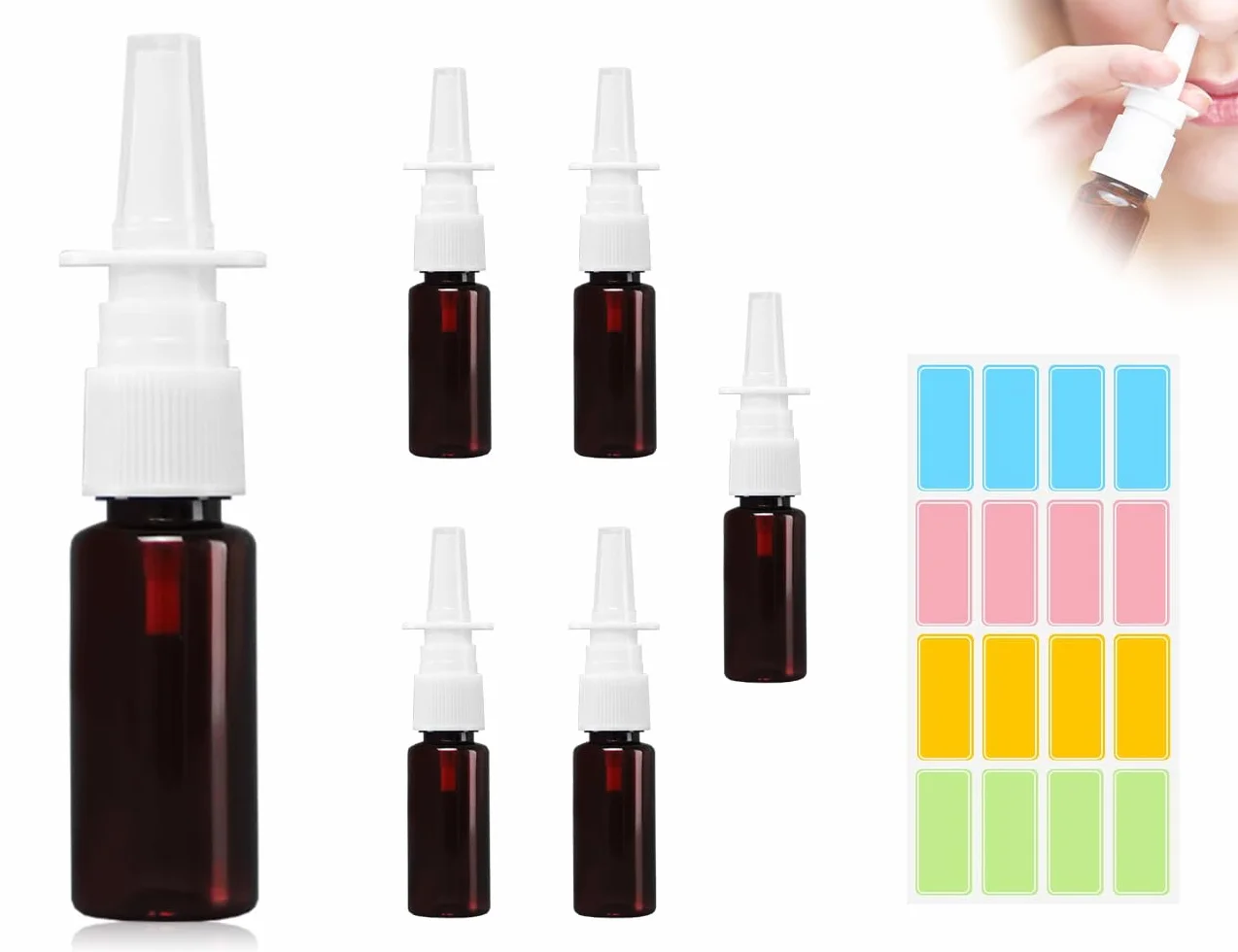 5 Botellas Vacías para Espray Nasal, Atomizadores Reutilizables con Embudo y Etiqueta, Marrón