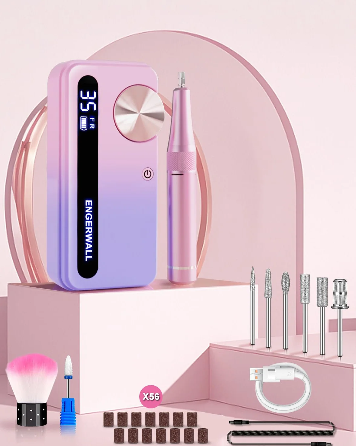 Torno para Uñas Profesional 35000 RPM, Lima Eléctrica Inalámbrica Recargable para Uñas de Gel y Acrílico, Pantalla LCD, Kit de Manicura y Pedicura con 7 Brocas y 56 Bandas, Rosa-Azul