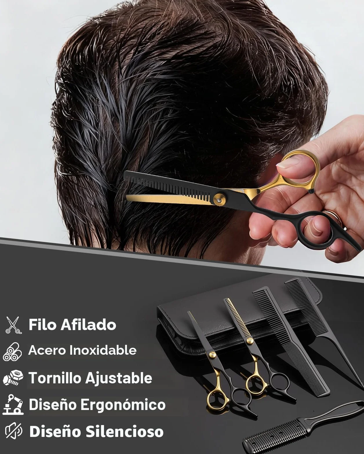 Lictin 15 en 1 Kit 6.7" Tijeras de Peluquería Profesional Acero Inoxidable con Peine, Tijeras Entresacar, Bolso de Cuero, Negro y Dorado