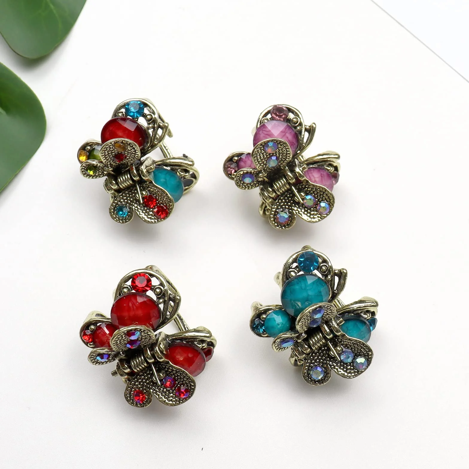 Kavya Pinza para el pelo pequeña con cristales de mariposa retro francesa vintage antideslizante de metal mini 4 piezas