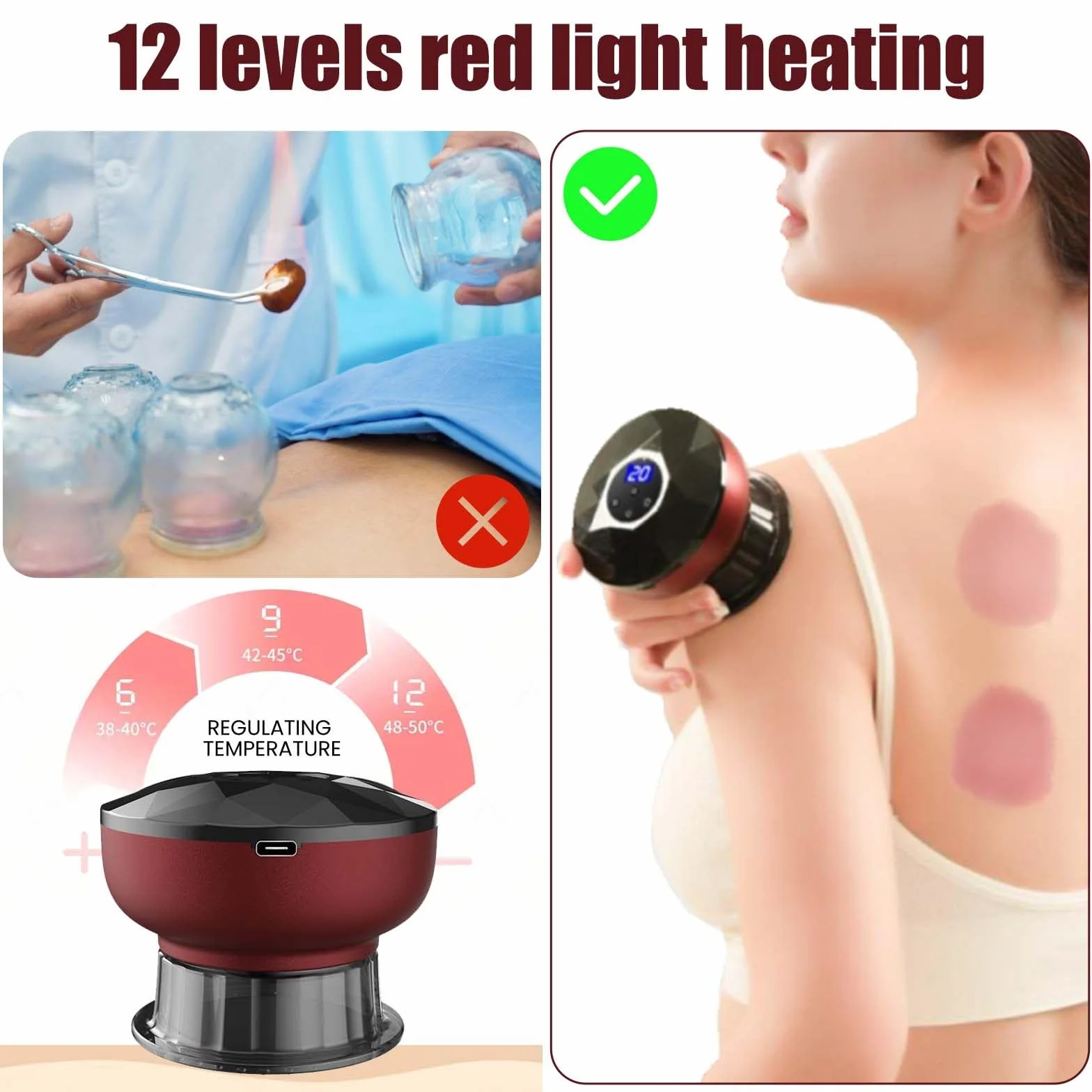 Acboor Ventosa eléctrica 12 velocidades, juego ventosas al vacío, masajeador inteligente, terapia luz roja