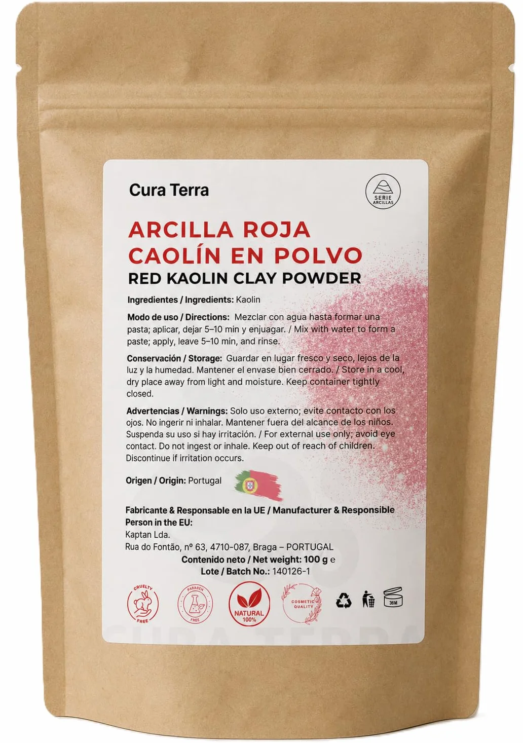 Arcilla Roja Cosmética en Polvo 100% Natural Portugal – Cuidado Facial y Corporal, Jabones DIY – 100 g