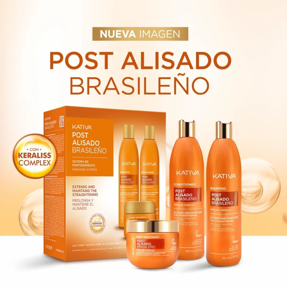 KATIVA Kit Post Alisado Brasileño Champú Acondicionador Mascarilla 225 ml Keratina Vegetal Ácido Hialurónico