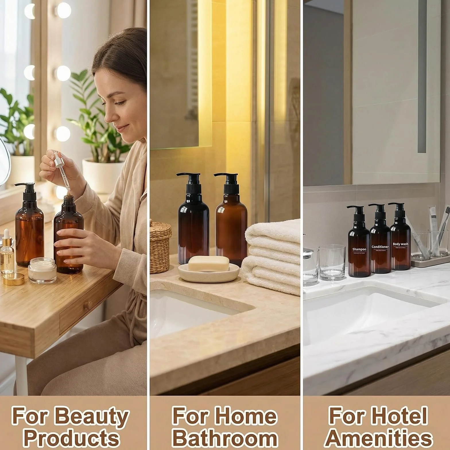 3 Botellas Recargables de plástico de 250ml Color marrón ámbar con Bomba Negra vacía envases de artículos de tocador para champú acondicionador de Pelo Gel de Ducha dispensadores de lociones