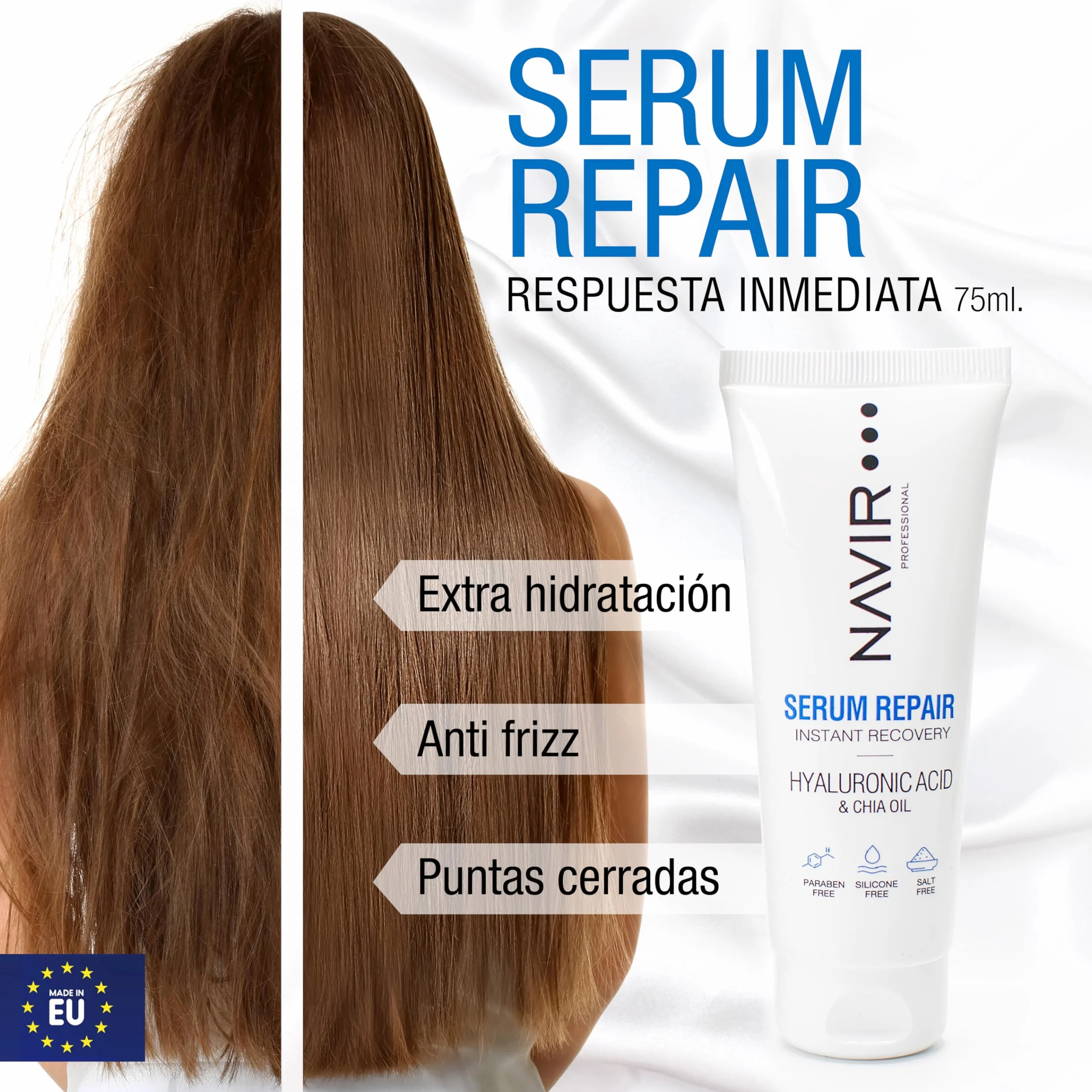 NAVIR Profesional | Sérum pelo seco y dañado con Ácido Hialurónico, Keratina y Aceite de Chía – Anti Frizz e hidratación profunda – Tratamiento hidratante cabello – Sin sulfatos ni parabenos - 75 ml