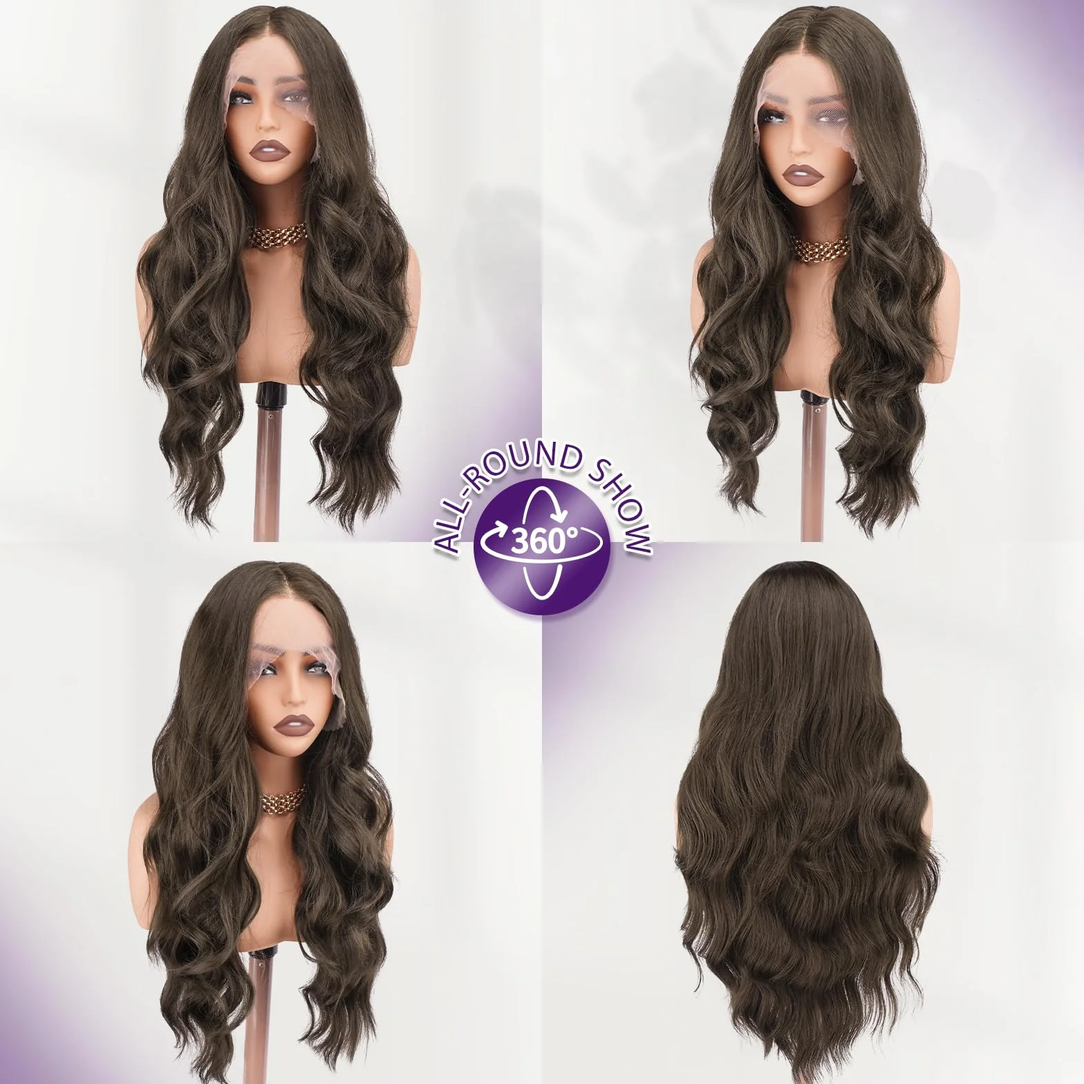 FESHFEN Peluca Lace Front pelo Natural Largas Onduladas Sintética HD Lace Marrón Medio 70 cm