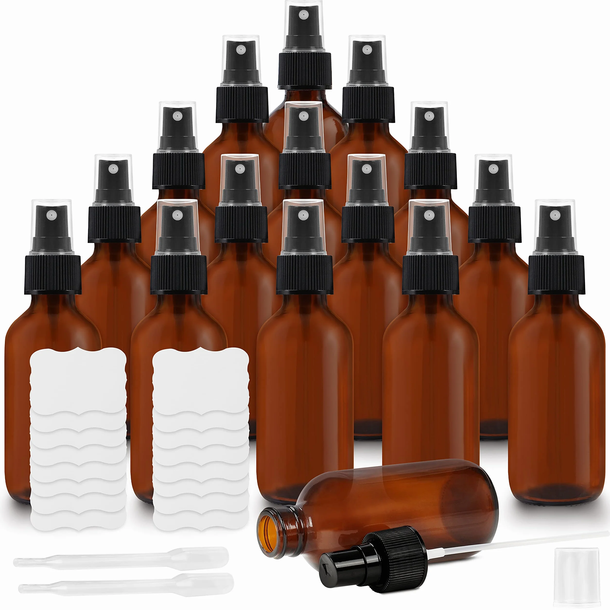 Belle Vous Bote Spray Pulverizador Cristal Ámbar 60 ml Pack de 16 Botella con Rociador Cuentagotas Etiquetas Frascos Vacíos Rellenables Aceites Esenciales