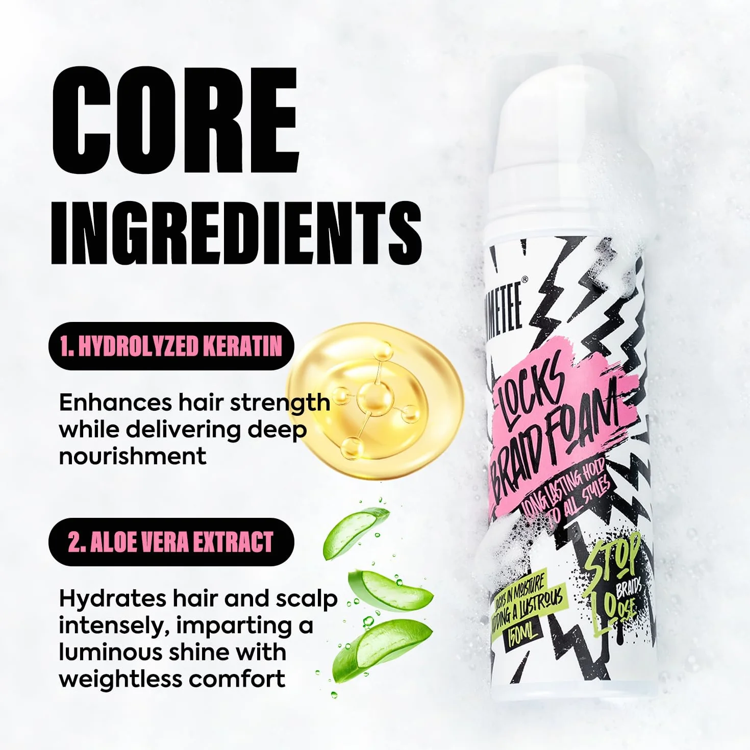 immetee Lock Braid Mousse Fijación Máxima Antifrizz Hidratante para Trenzas Rastas Twists 150ml